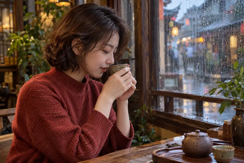 雨天窗边陶杯茶饮，安静闻香