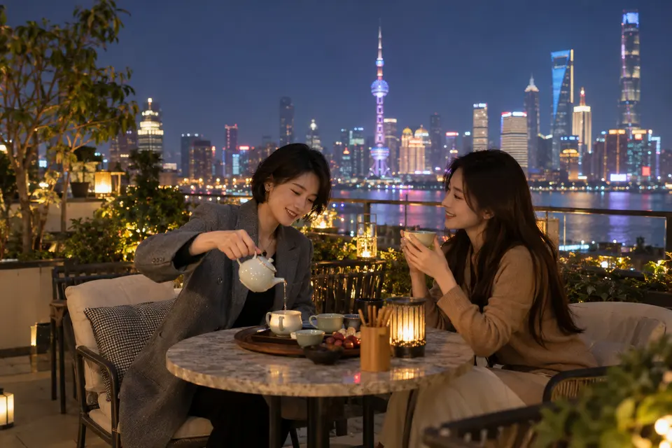 屋顶露台夜茶，朋友间倒茶交流
