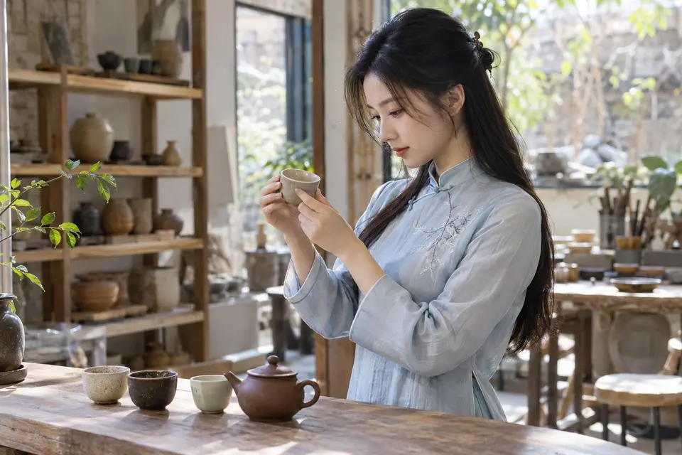 陶杯挑选场景，年轻女性观察茶具细节