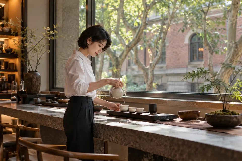 梧桐街区茶室内，白瓷茶盏与倒茶动作