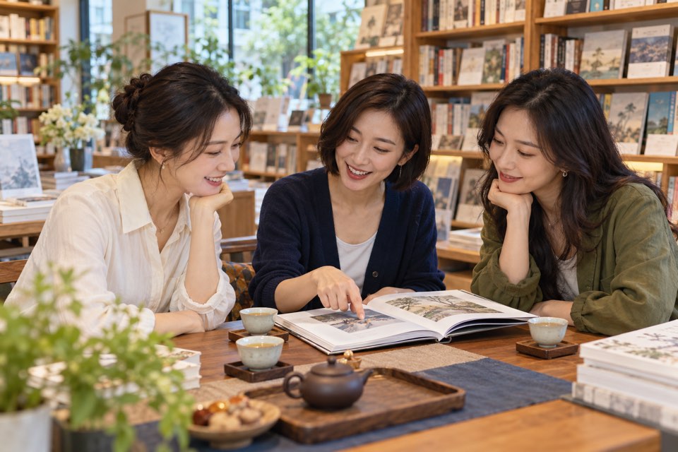 书店内茶友交流，书架旁阅读与品茶